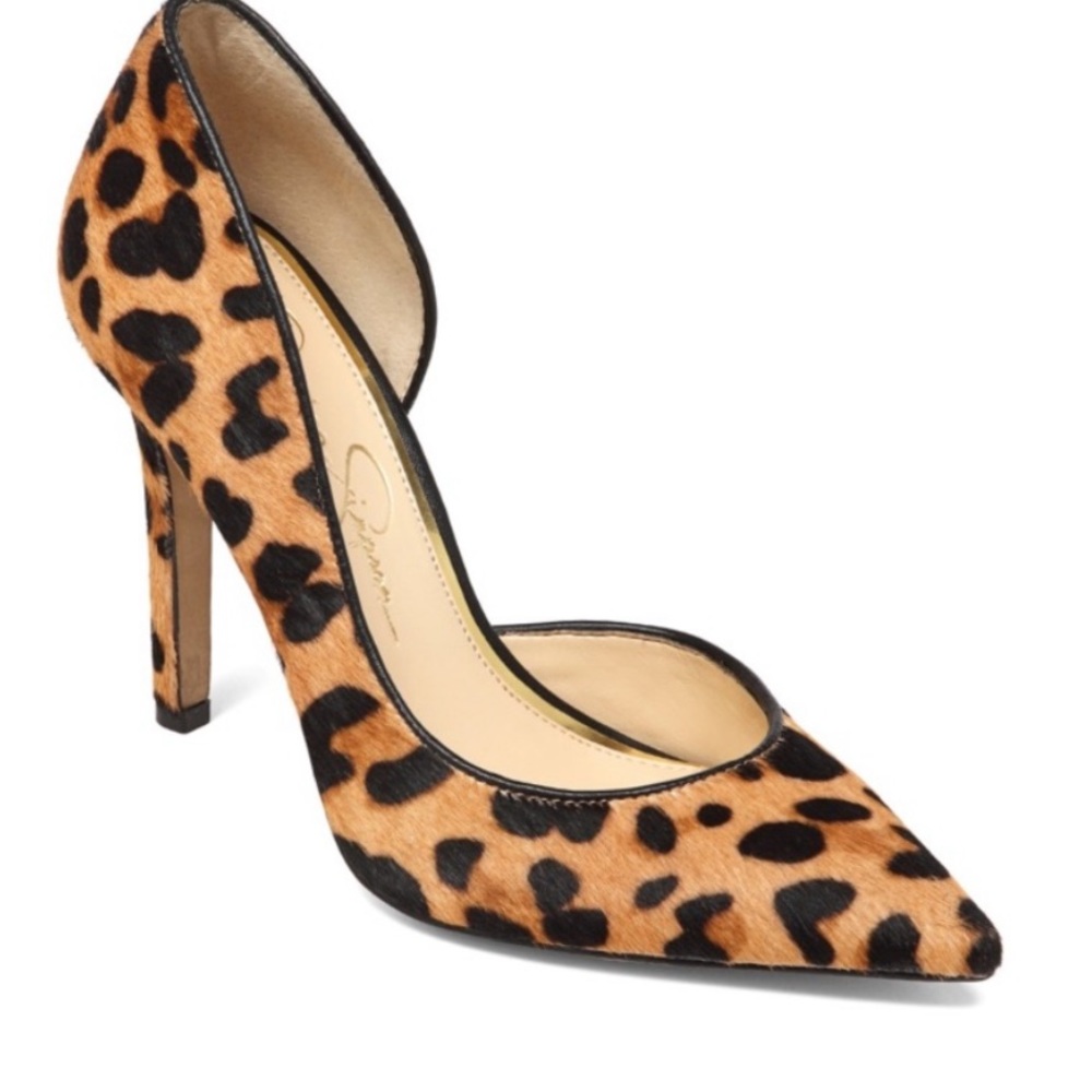 Jessica Simpson Leopard Print Cow Hair and Leather D’Orsay Pointed Toe Pumps